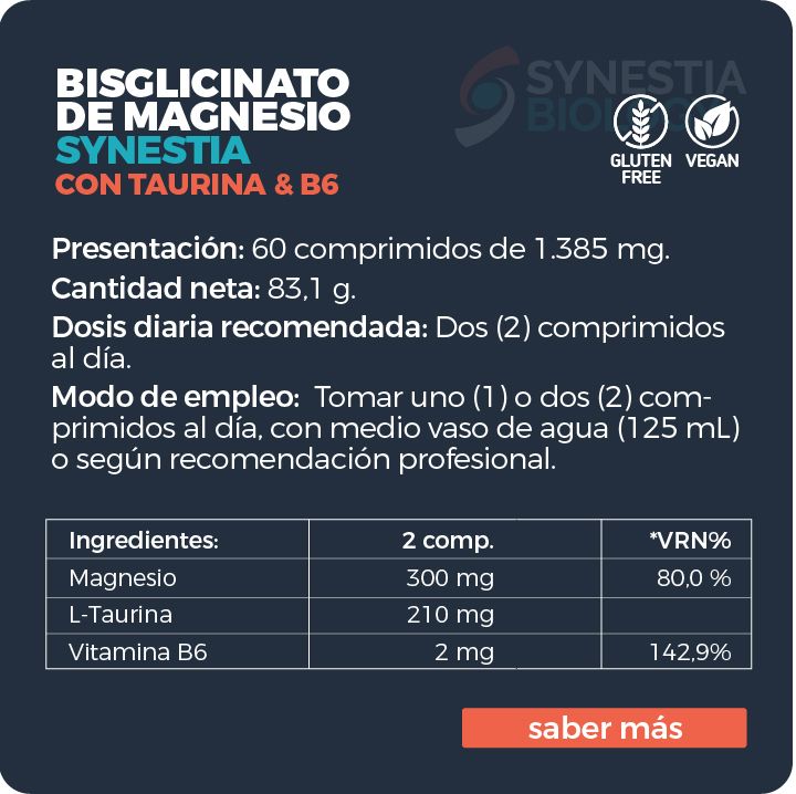 BISGLICINATO DE MAGNESIO SYNESTIA CON TAURINA & B6 60 COMPRIMIDOS - Imagen 2