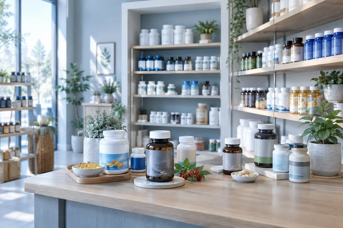 Berberina: para qué sirve: botellas de suplementos y productos naturales en mostrador con estanterías de remedios herbales