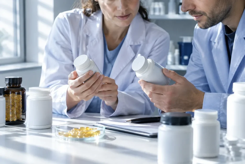 Bisglicinato de magnesio para qué sirve: dos profesionales en bata blanca examinan frascos de suplementos en un laboratorio