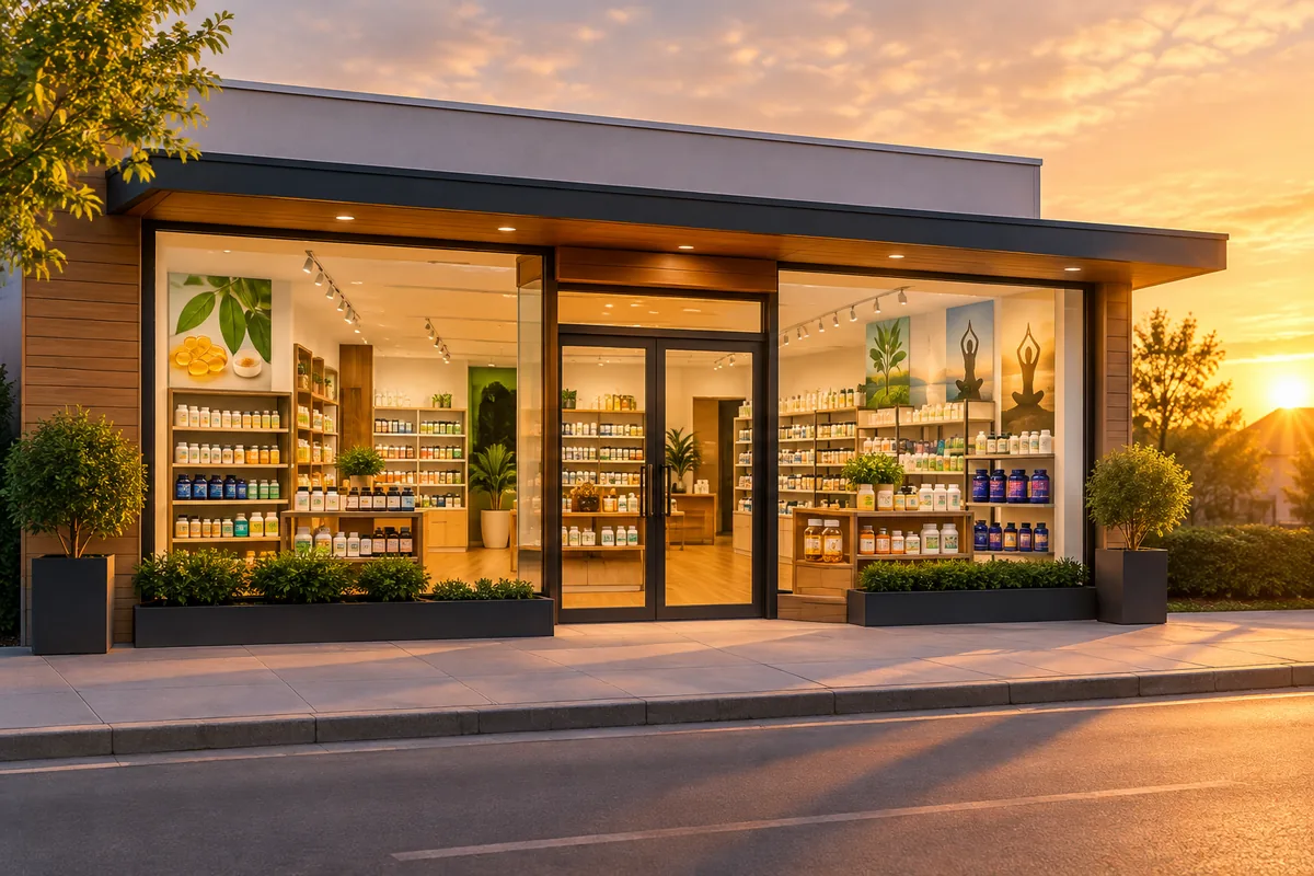Bisglicinato de magnesio para qué sirve: tienda de suplementos y productos de bienestar con estanterías iluminadas
