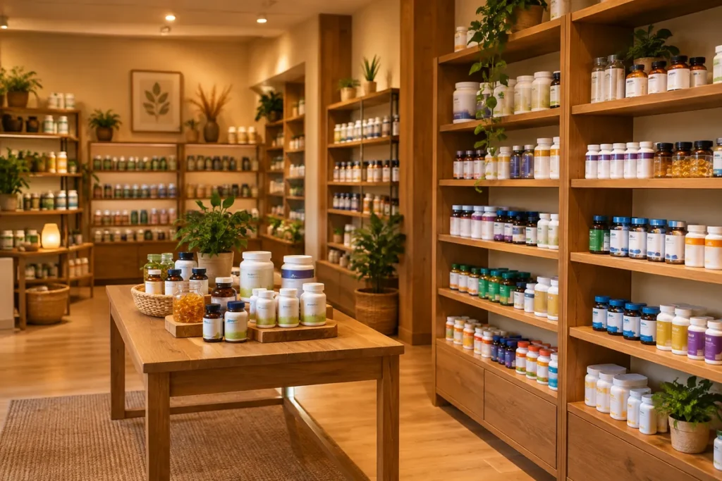 Bisglicinato de magnesio: para qué sirve: interior de tienda de suplementos y productos naturales con estanterías de madera