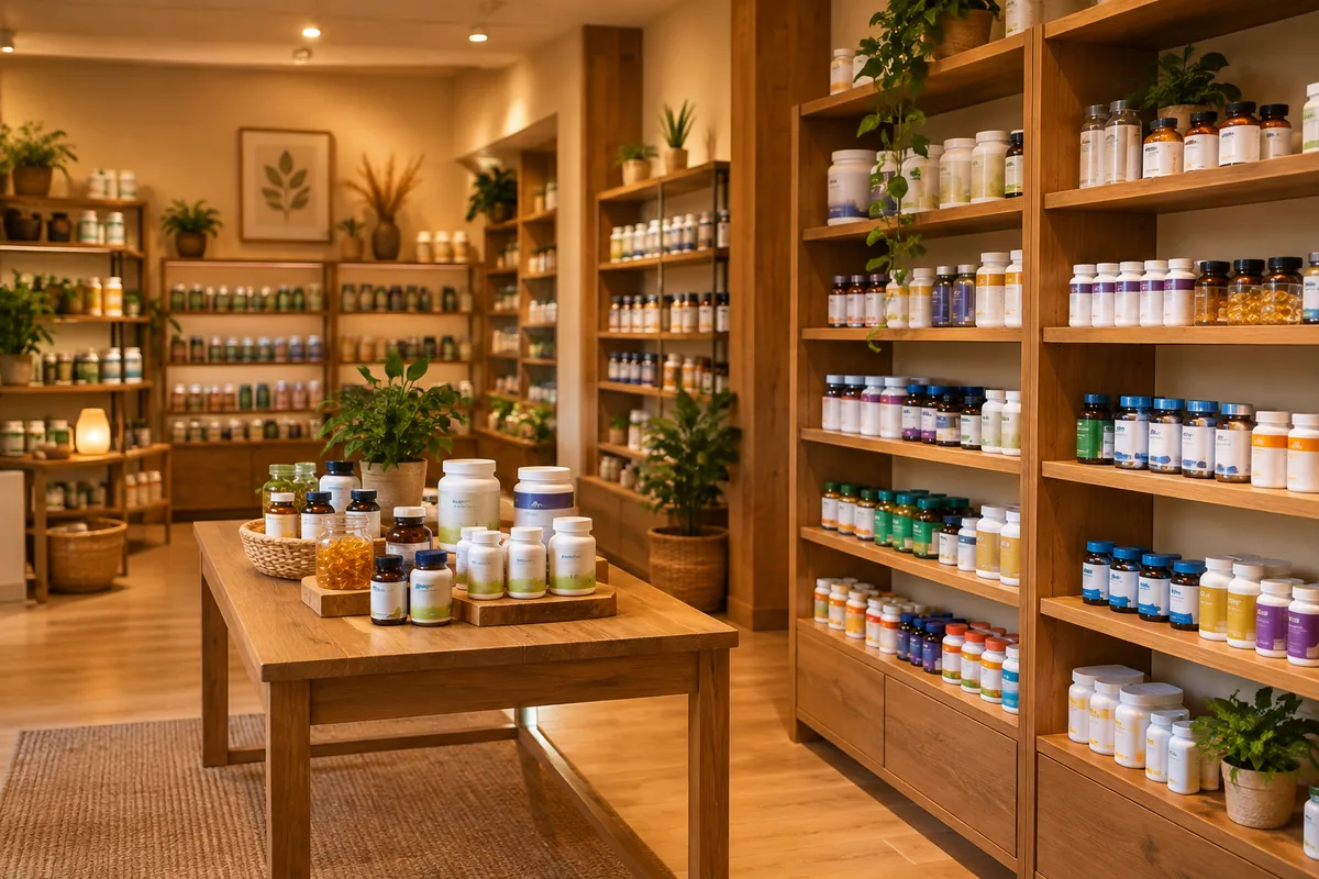 Bisglicinato de magnesio: para qué sirve: interior de tienda de suplementos y productos naturales con estanterías de madera