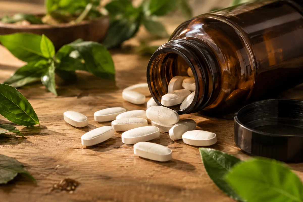 Bisglicinato de magnesio para qué sirve: frasco de vidrio ámbar volcado con pastillas blancas derramándose sobre madera